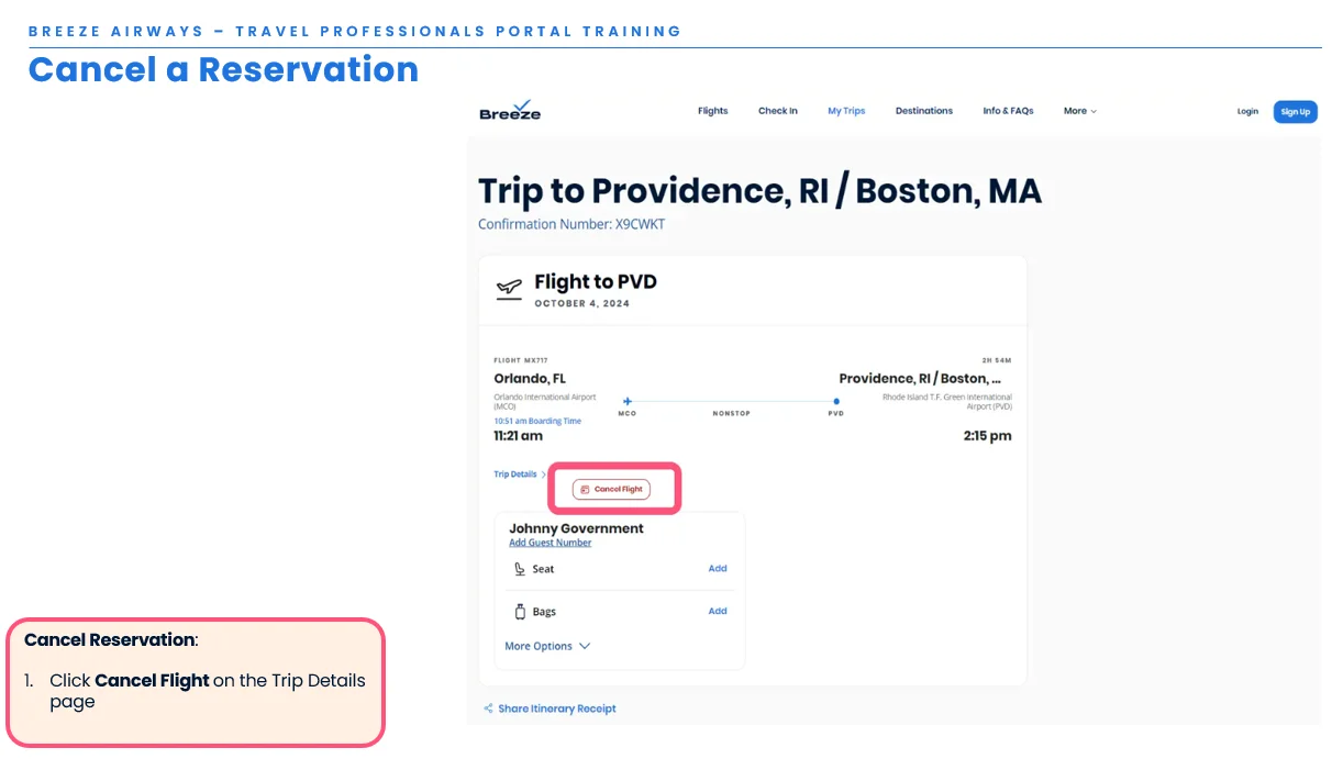 Click Cancel Flight on the Trip Details page
