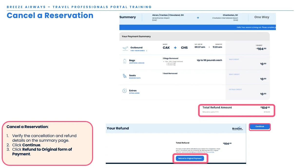 Review cancellation summary and refund to original payment